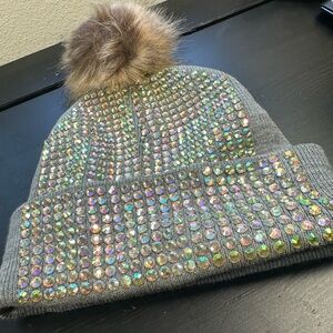 Blinged Out Pom Pom Gray Beanie with Rhinestones and Faux Fur Pom